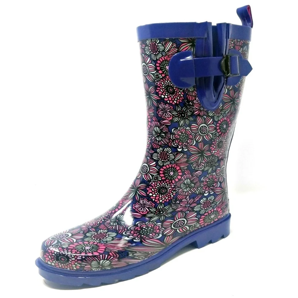 Women's Rainboots, Mid Calf Waterproof Rubber Rain Boots, RB-3155, Blue